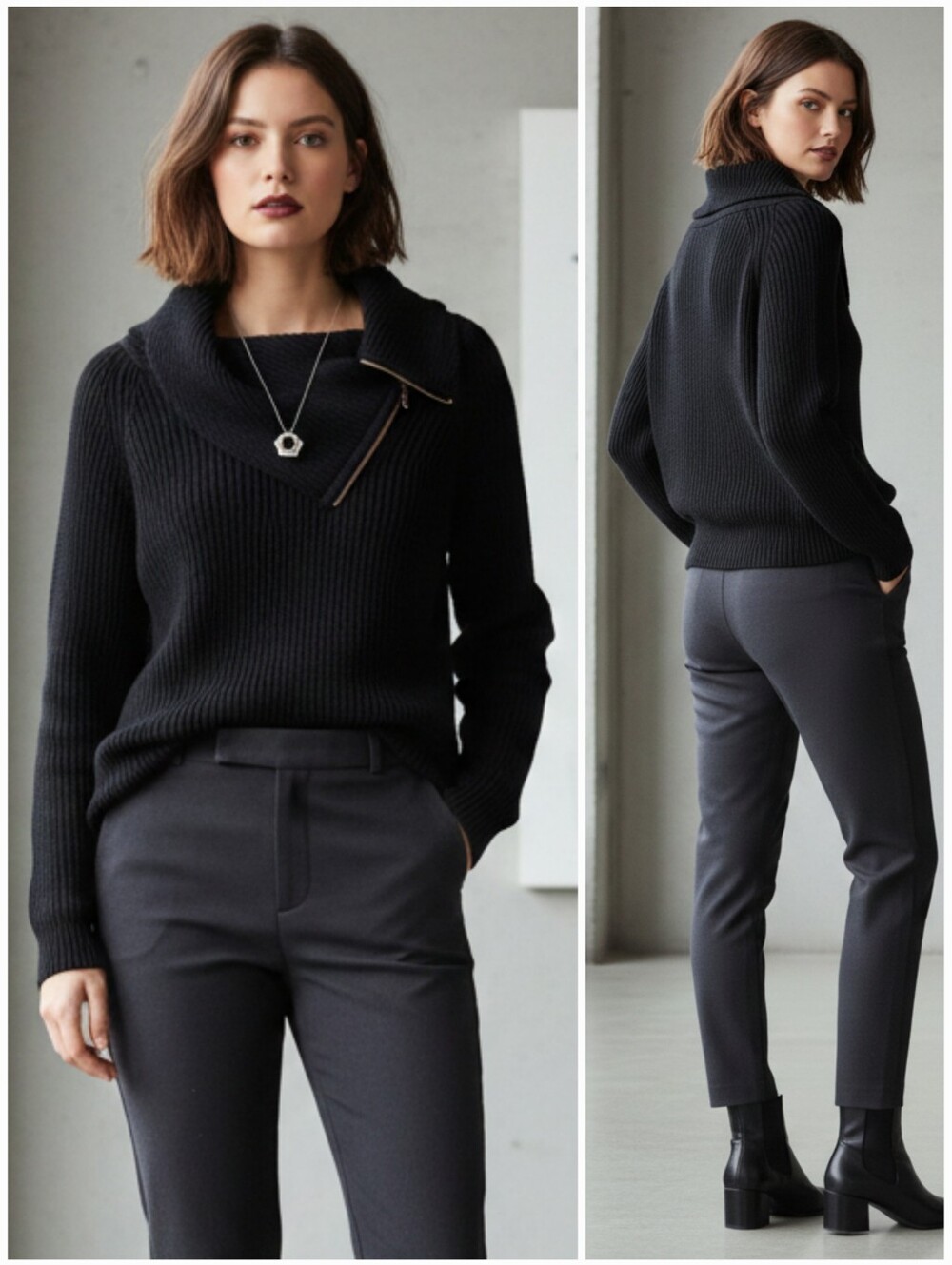Cleo XS Modern Contemporary Preppy Workwear Cabincore Split Neck Ribbed Sweater